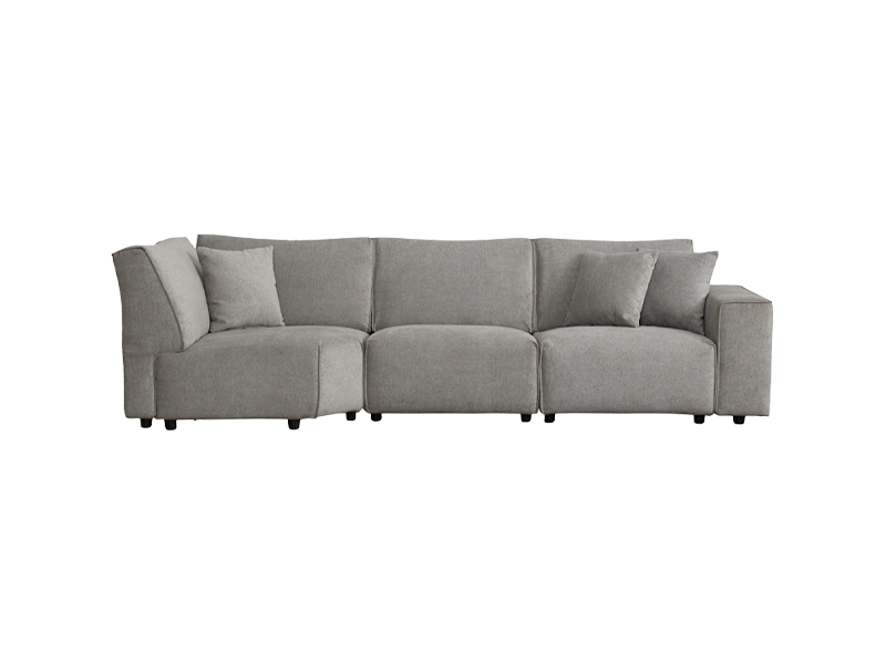 Light grey modular sectional sofa with three seat cushions and three matching pillows. Contemporary design with rounded armrests.