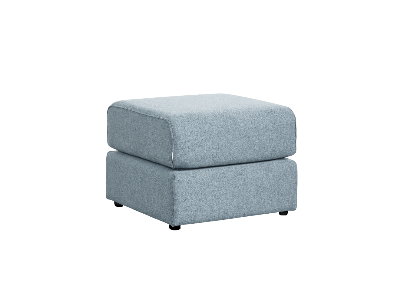 Light grey ottoman with a simple, boxy design. Upholstered in fabric, perfect as a footrest or extra seating.
