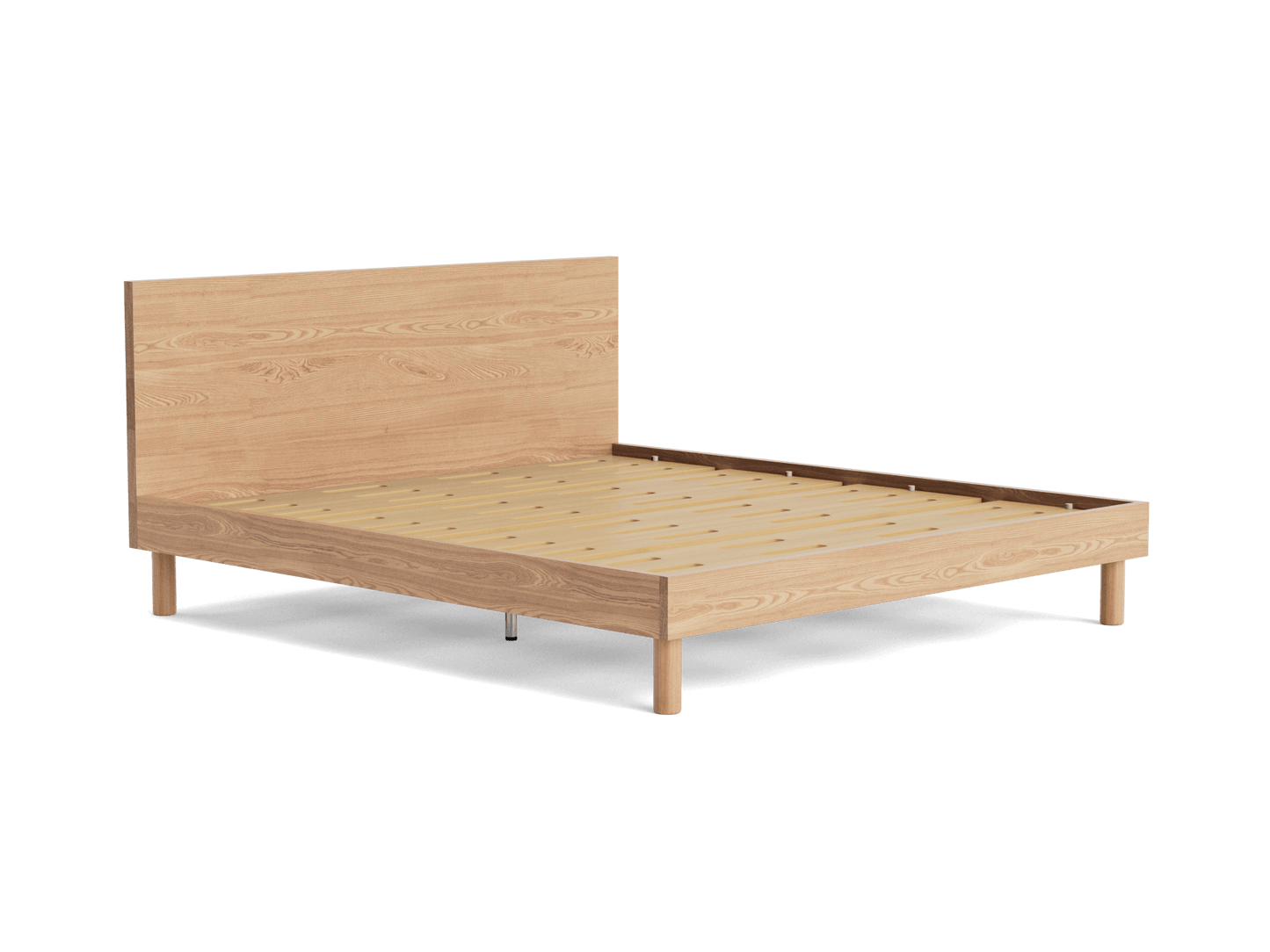 Minimalist light wood bed frame with a slatted base and a solid rectangular headboard. Simple and modern bedroom furniture.