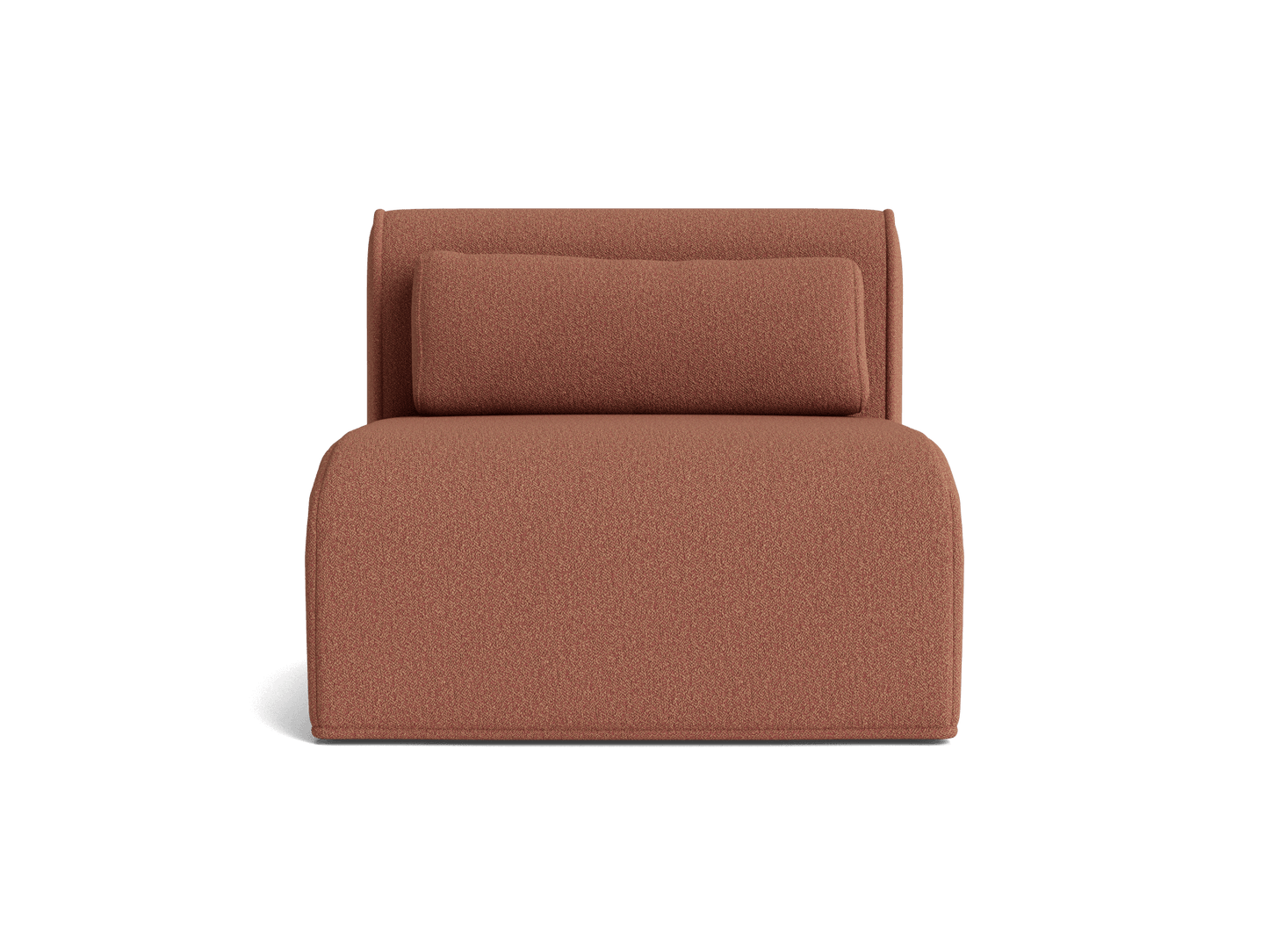 Rust-coloured armless chair with a rounded seat and a matching cylindrical back cushion. Simple, modern design.