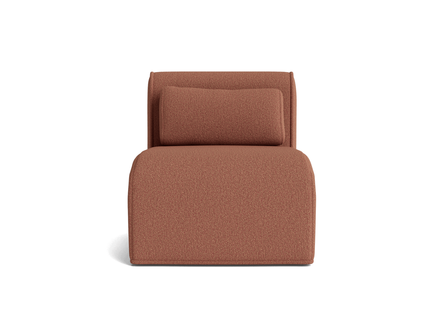 Rust-coloured upholstered chair with a cylindrical back cushion; modern, minimalist design.