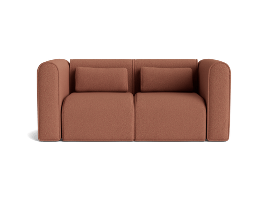 Modern brown two-seater sofa with curved armrests and two matching cushions. Elegant and minimalist design.