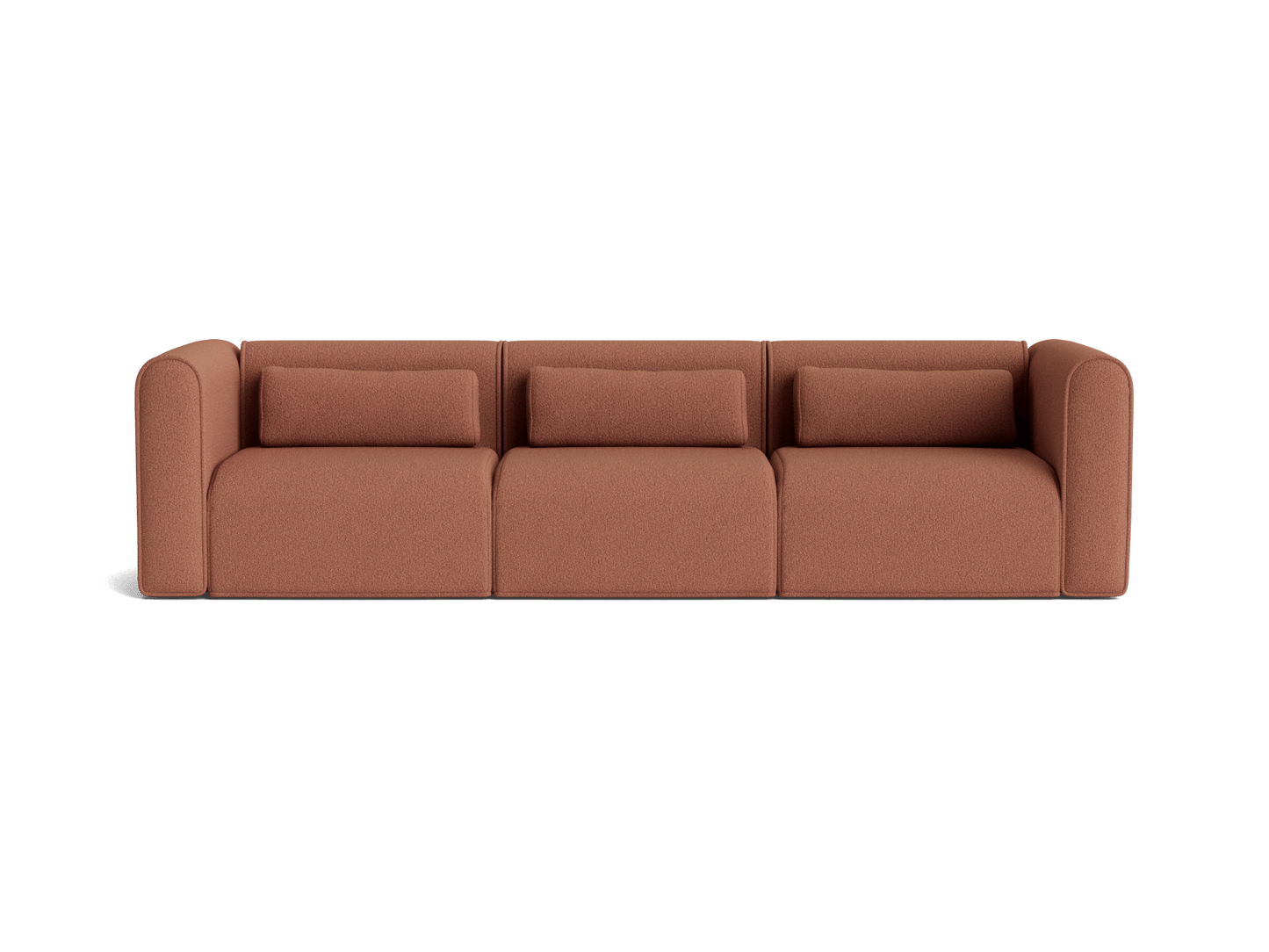 Modern brown three-seater sofa with plush cushions and rounded armrests.
