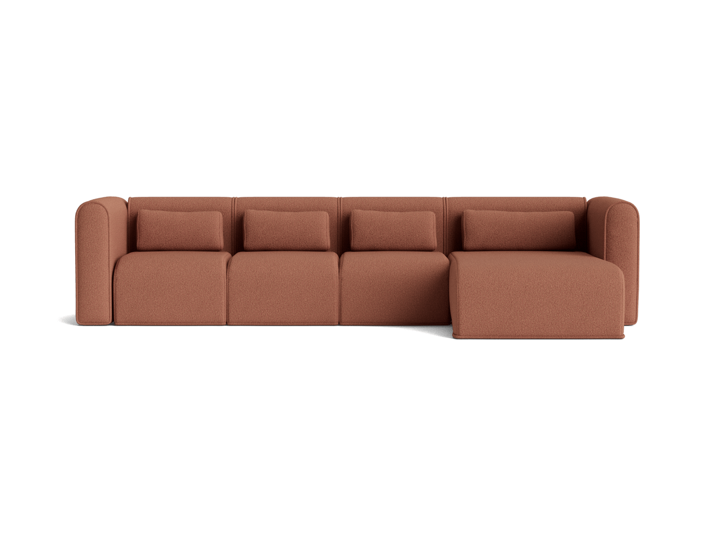 Rust-coloured modular sectional sofa with five square cushions and a chaise lounge on the right, against a plain background.