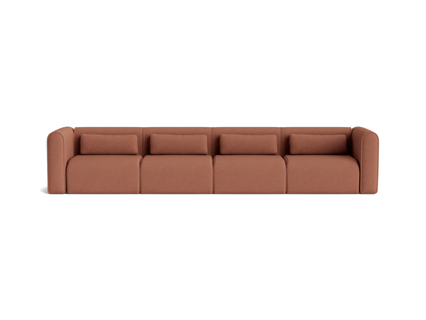 Four-seater brown sofa with rounded arms and clean, modern design, featuring square back cushions.