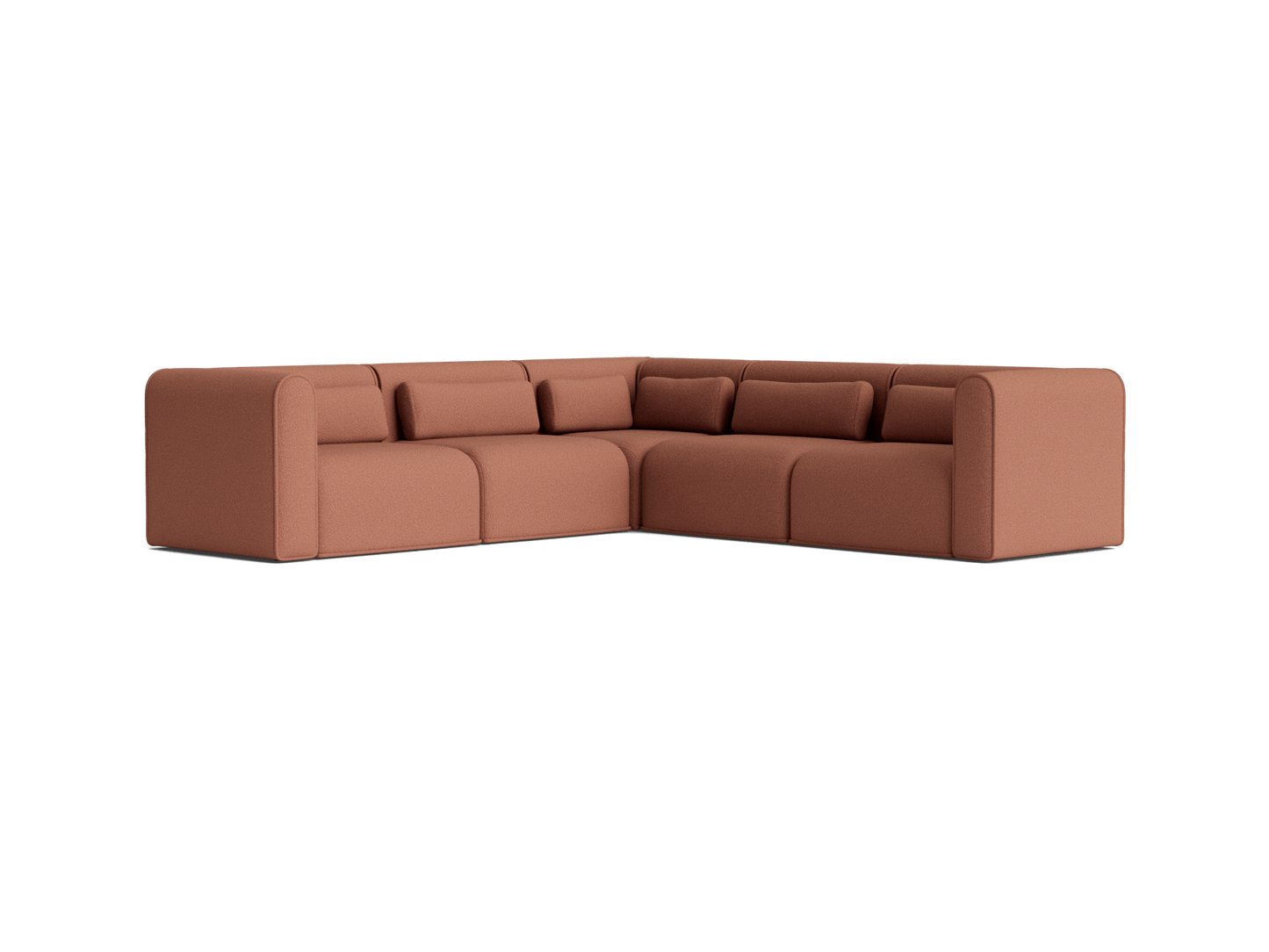Large L-shaped brown sofa with rounded arms and modular cushions, ideal for modern living spaces.