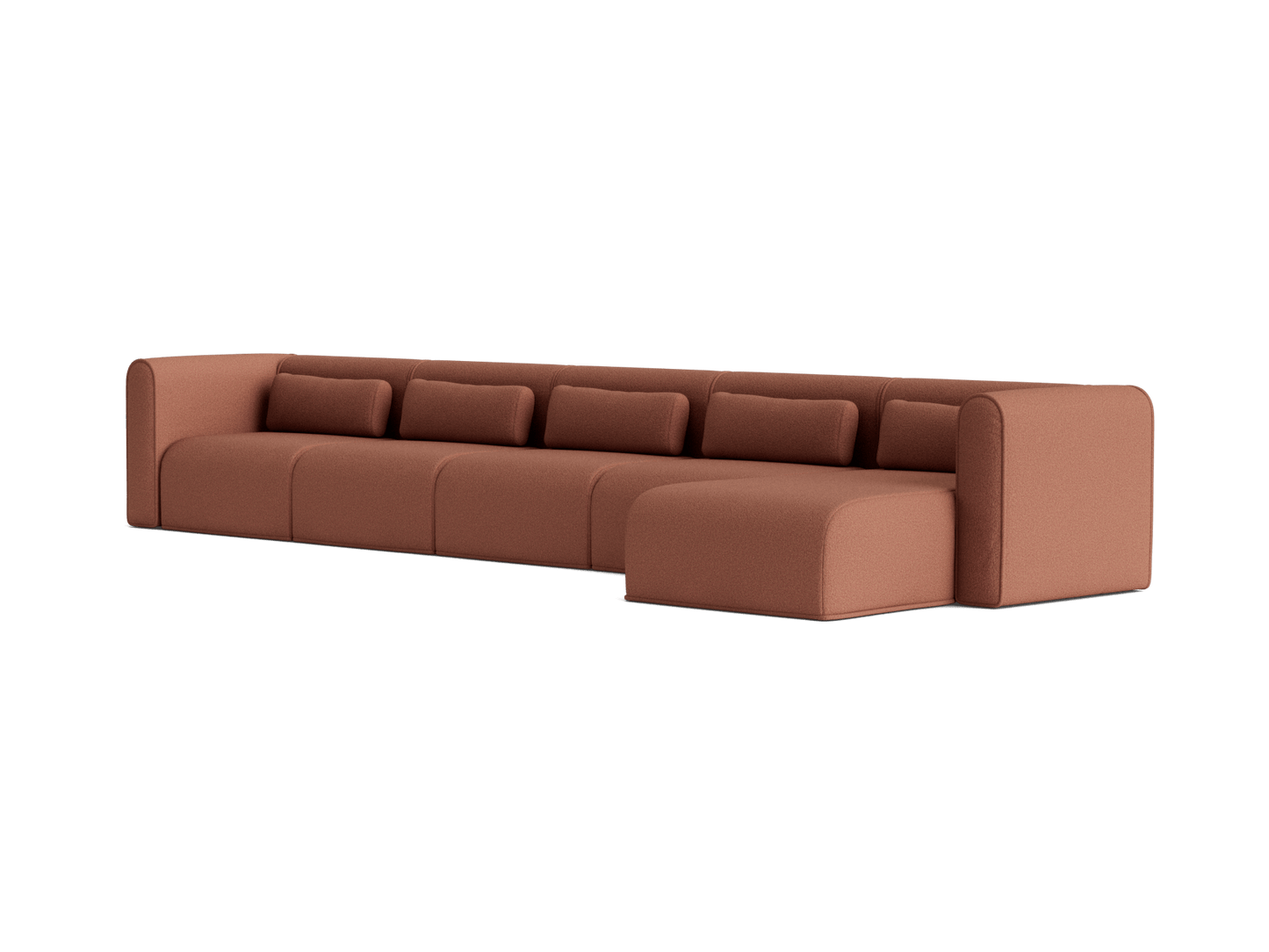 Brown sectional sofa with sleek, modern design. Features five cushioned seats and a chaise lounge on the right side.