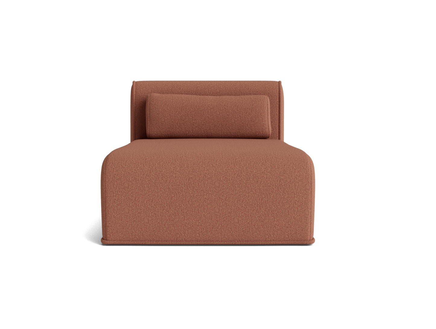 Minimalist single-seater ochre couch with a matching rectangular back cushion, featuring a smooth, blocky design.