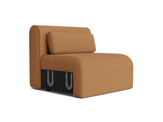 Light brown single-seater modular sofa with a textured fabric finish, featuring a rectangular back cushion and visible metal brackets.