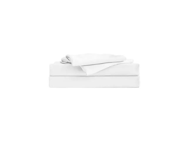 A neatly folded white sheet set on a black background, including a fitted sheet and a flat sheet.