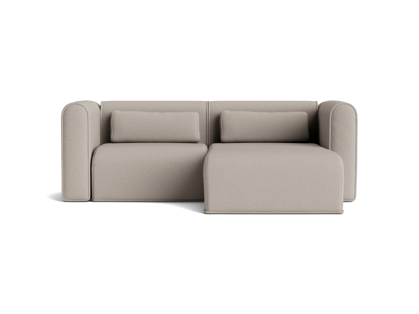 Modern light grey fabric sofa with two back cushions and a right-side chaise. Simple, minimalist design perfect for contemporary living spaces.