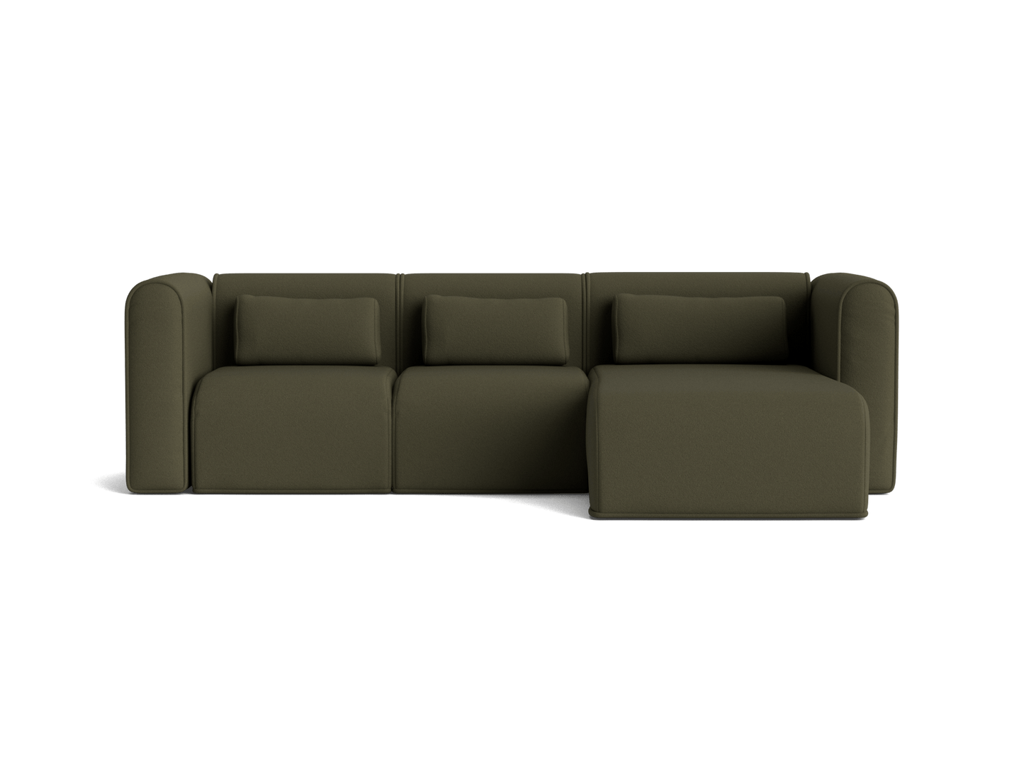 Olive green sectional sofa with three seats, cushioned backrests, and a chaise lounge. Modern design with clean lines.