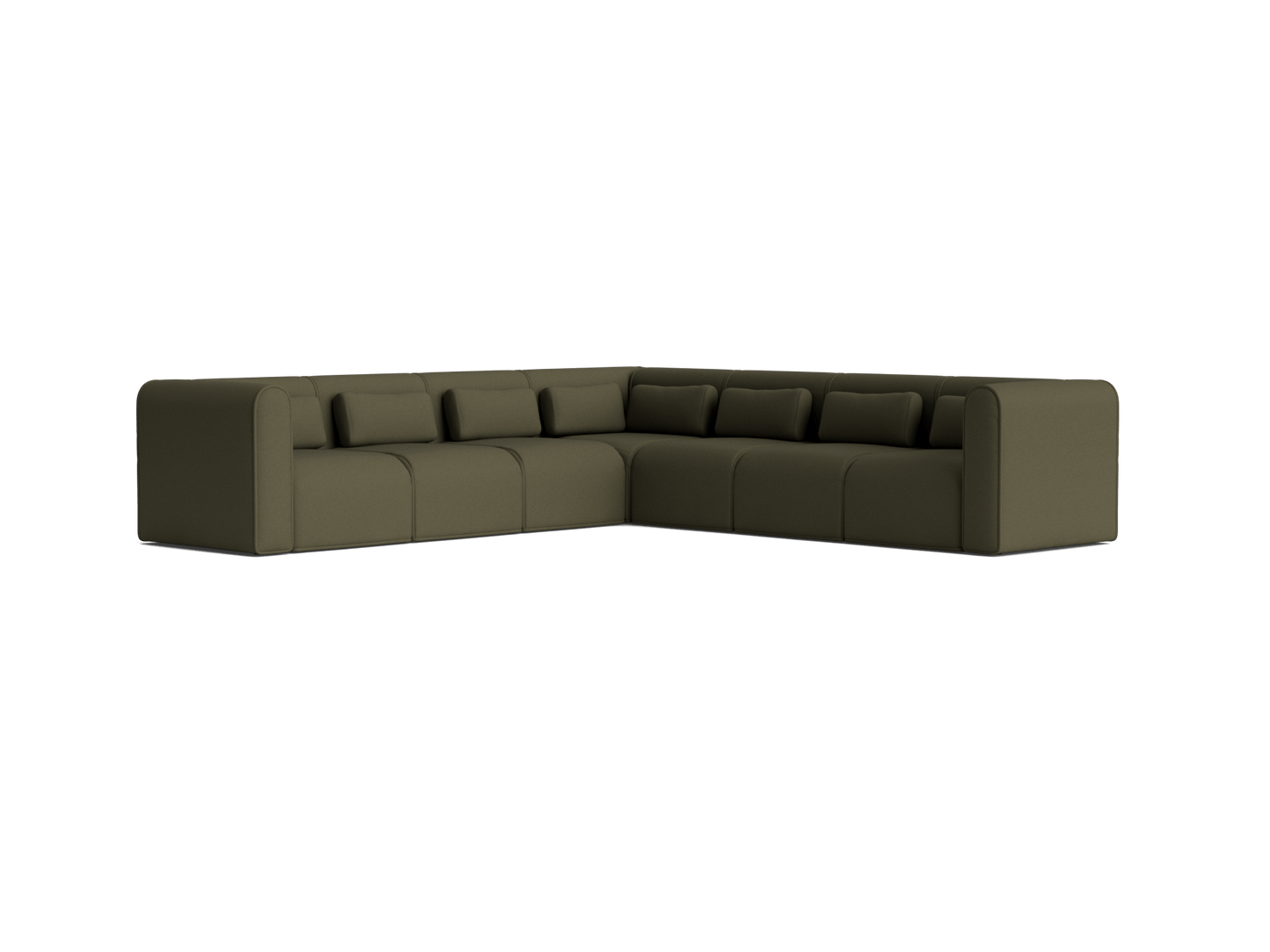 L-shaped sectional sofa in olive green fabric, modern design with deep cushions, suitable for living room.