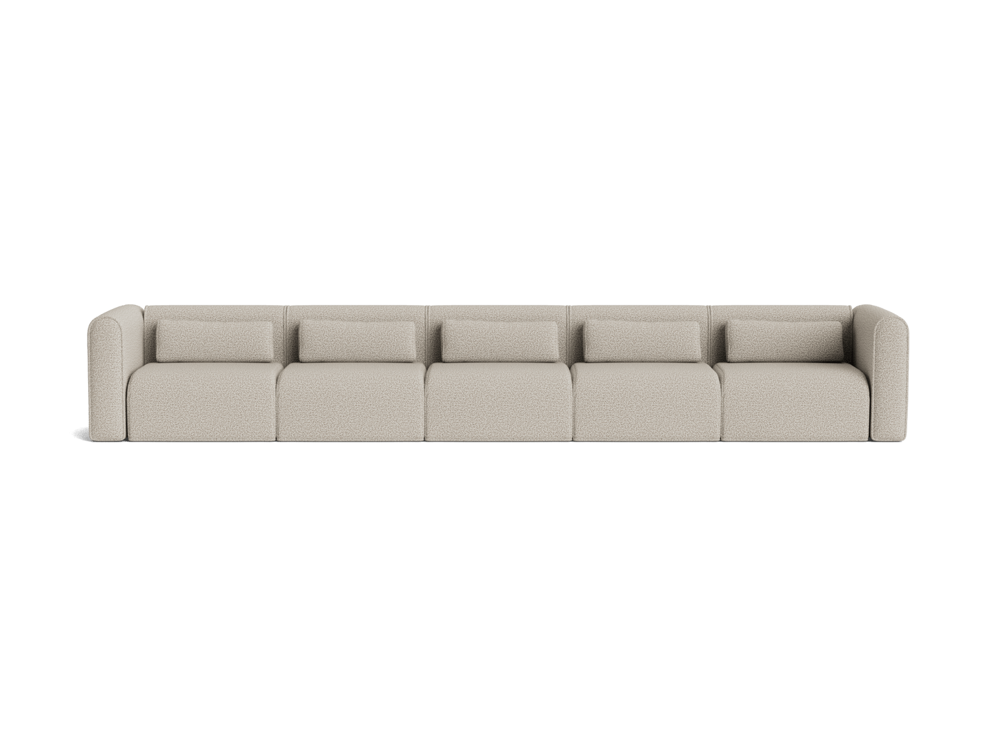 Beige modular sofa with five square sections and low backrests, featuring rounded armrests on each end. Perfect for modern living room decor.