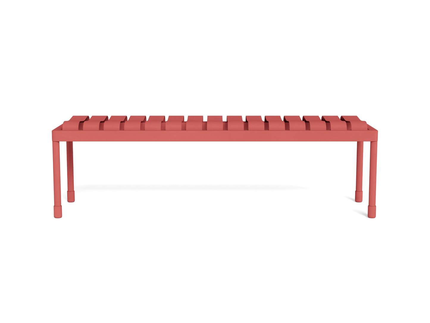 Coral-coloured slatted wooden bench with four sturdy legs, minimalist design, shadow underneath.