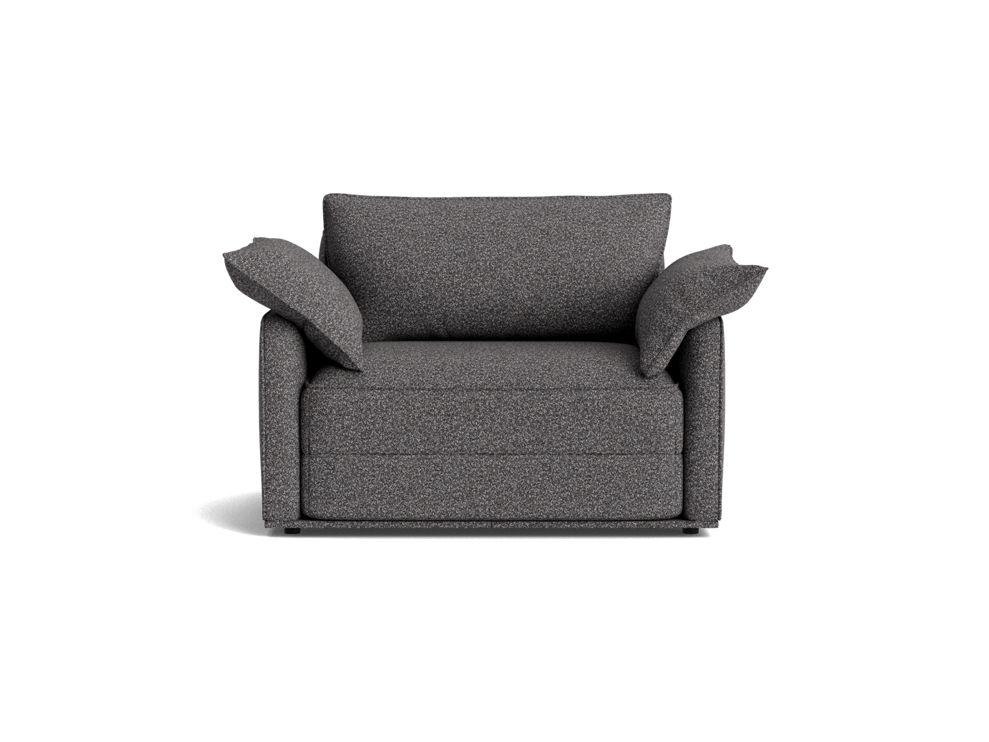 Dark grey upholstered armchair with plush cushions, compact design, and a minimalist style, suitable for modern living spaces.