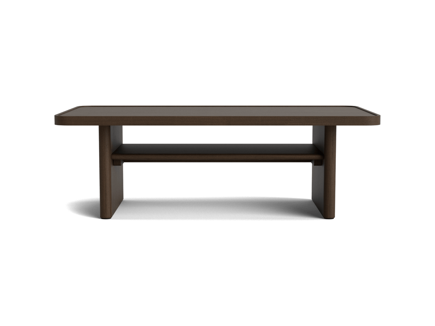 Brown rectangular coffee table with simple design, featuring a shelf underneath for storage.