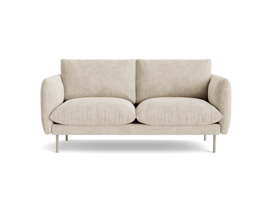 Beige 2-seater sofa with plush cushions, rounded arms, and slim metal legs, offering modern aesthetic and comfort.