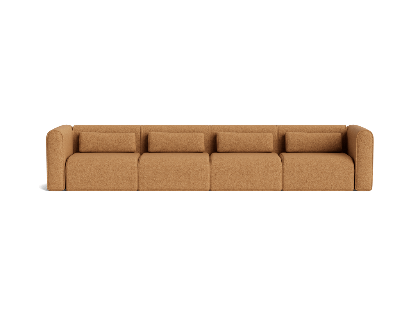 Five-seater, camel-coloured modular sofa with curved armrests and square back cushions. Ideal for modern lounge settings.
