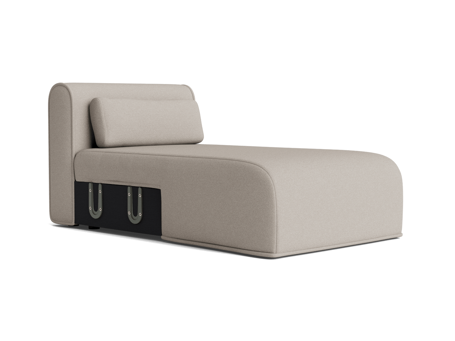 Beige modern chaise lounge with a rectangular cushion and sleek black base, featuring two metal brackets for support.