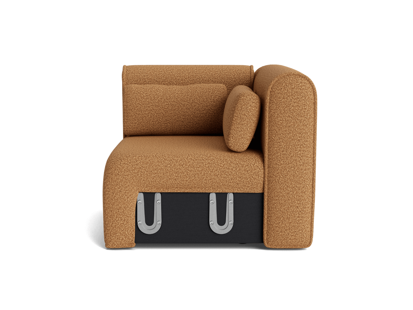 Brown modular sofa with a cushioned backrest and side pillow, featuring a hidden storage compartment with metal handles underneath.