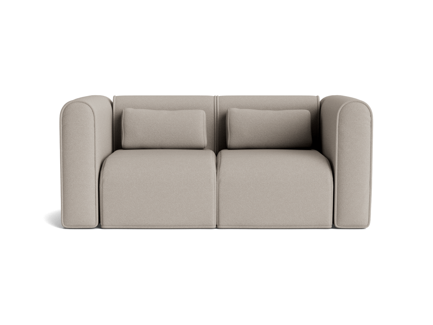 Light grey, modern two-seater sofa with rounded armrests and two matching cushions. Perfect for contemporary living room decor.