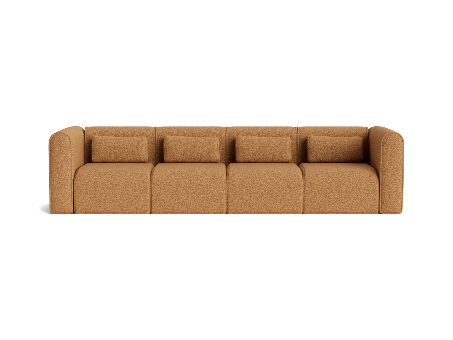 Long brown modular sofa with four cushioned seats and rounded armrests. Ideal for modern living spaces.