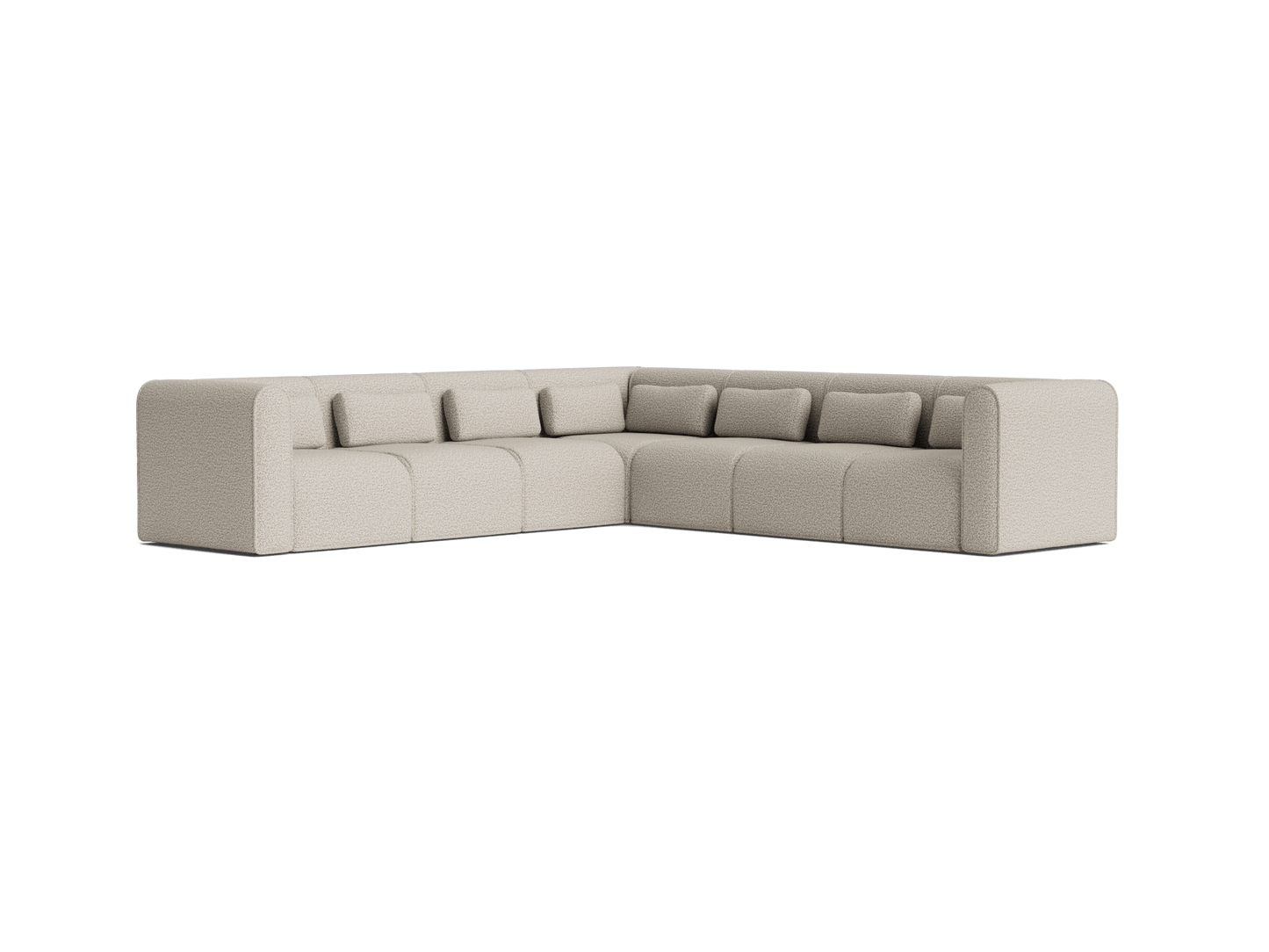 Luxurious beige L-shaped sectional sofa with plush cushions, perfect for modern living rooms. Upholstered in soft fabric for comfort and style.