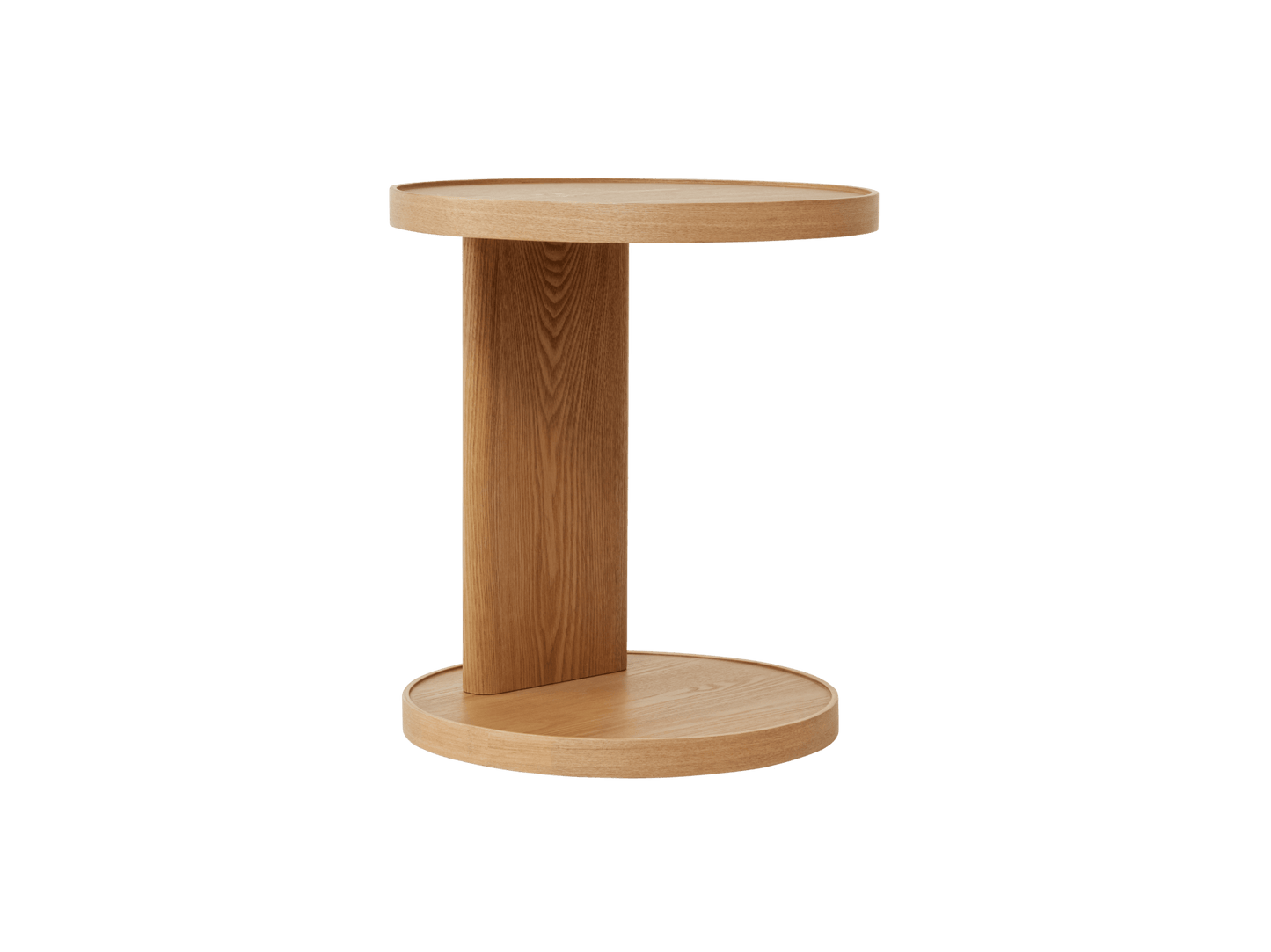 Round wooden side table with vertical support connecting the top and bottom surfaces. Light brown finish, minimalistic design.