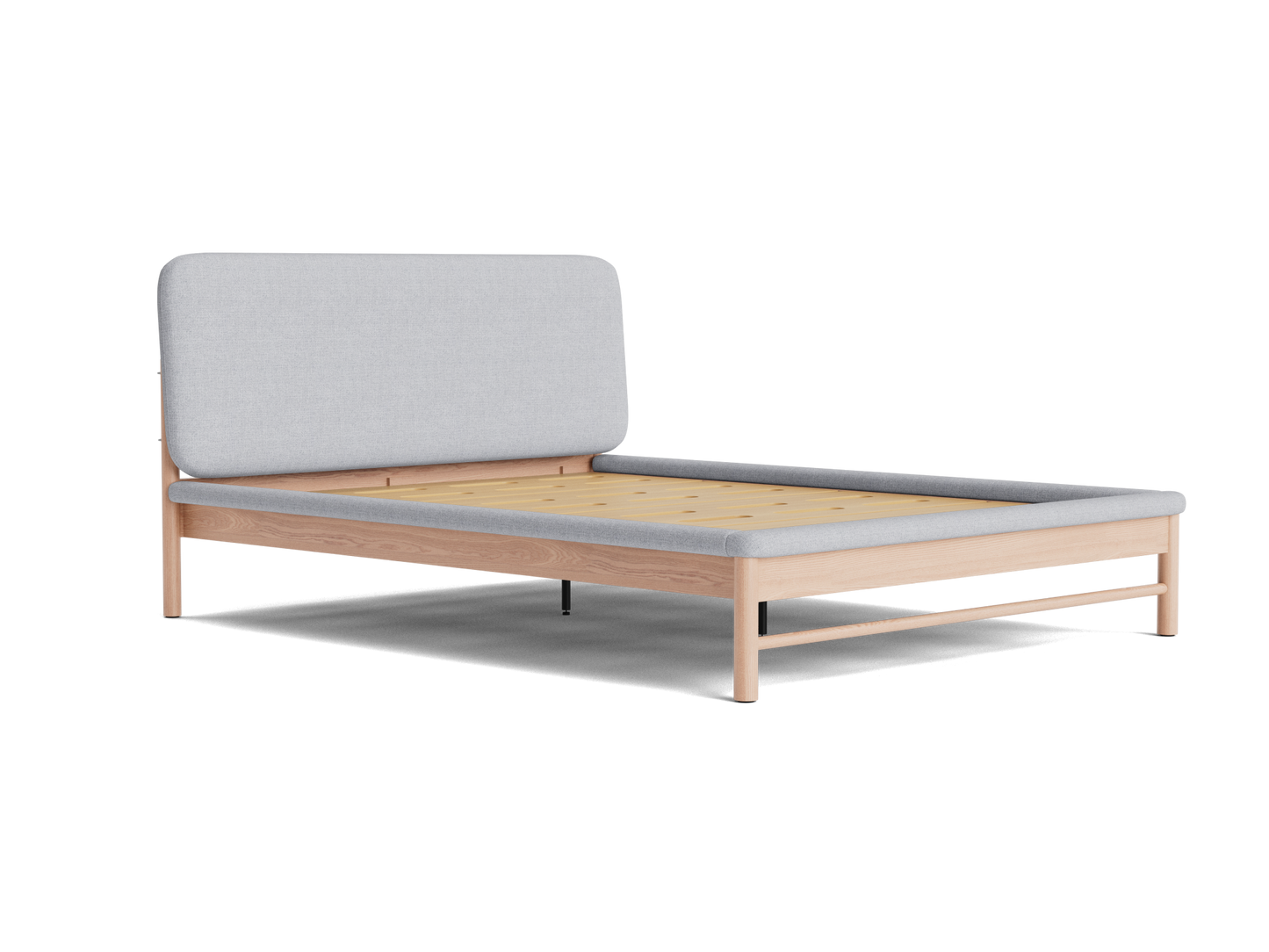 Minimalist wooden bed frame with light grey fabric headboard. Natural wood finish slats, modern design. Ideal for contemporary bedrooms.