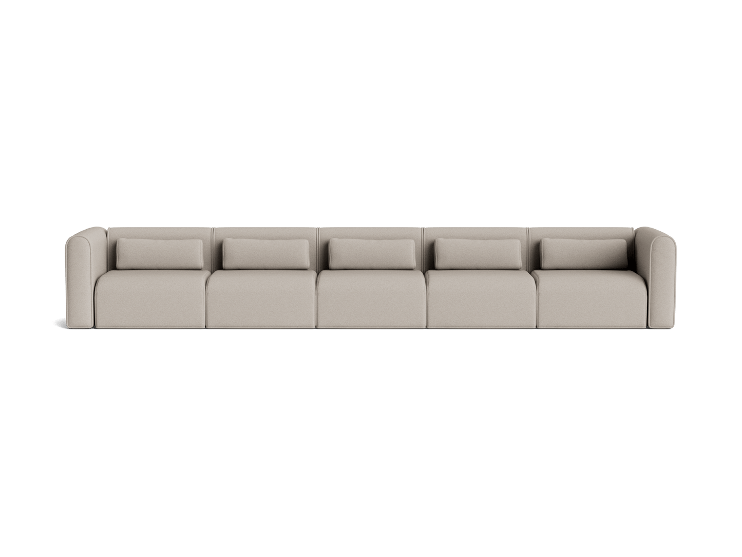 Long beige modular sofa with five sections and matching cushions. Contemporary design, perfect for a modern living room.