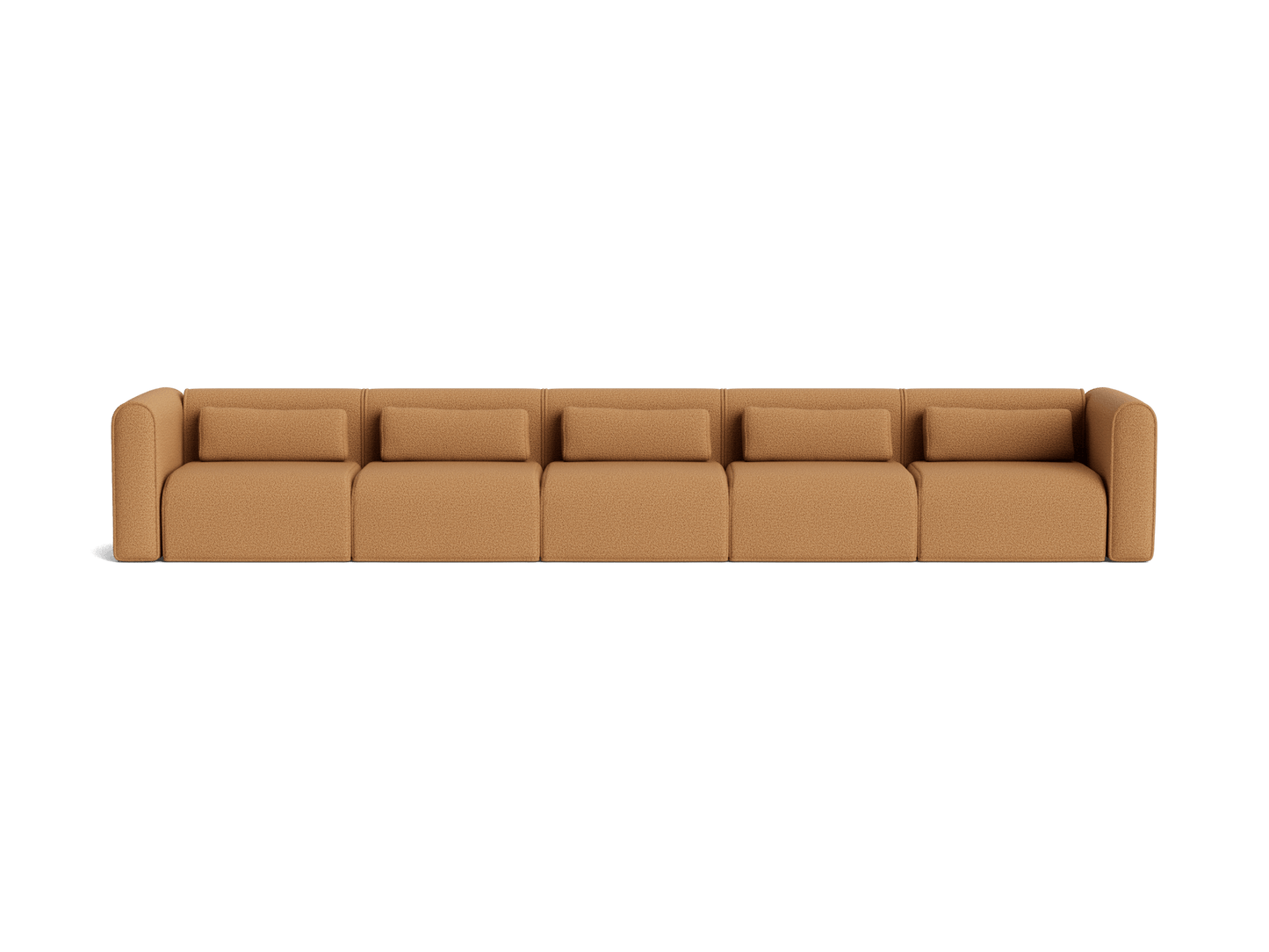 Large light brown modular sofa with five sections and rectangular cushions.