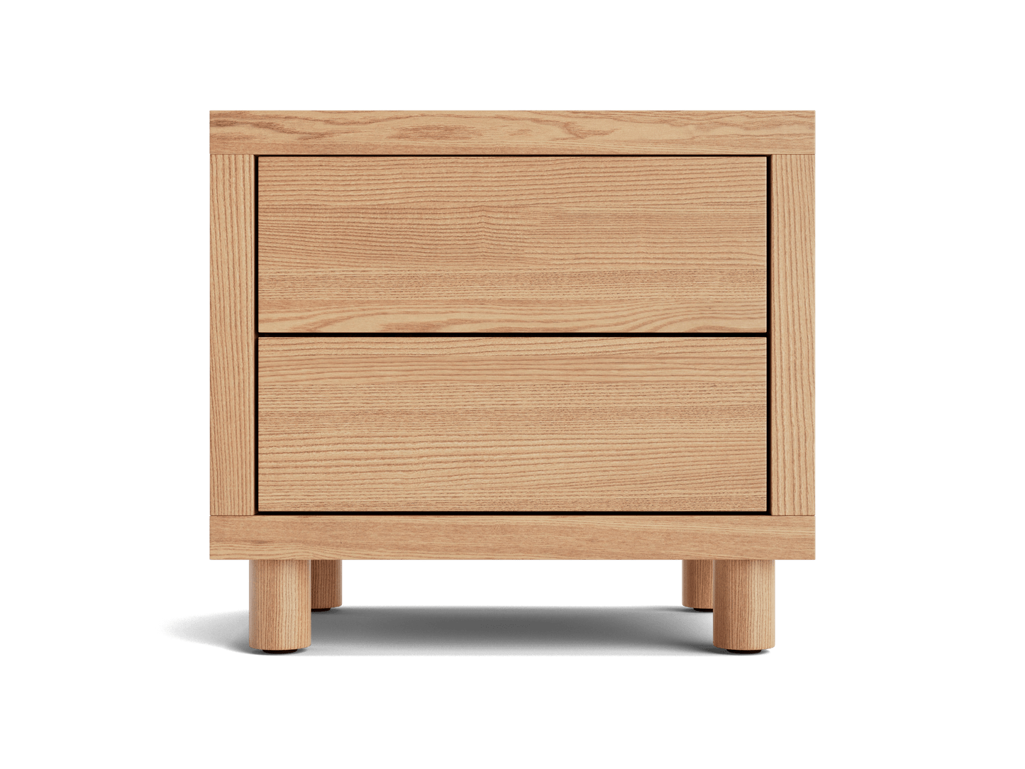 Wooden bedside table with two drawers and round legs in light brown finish.