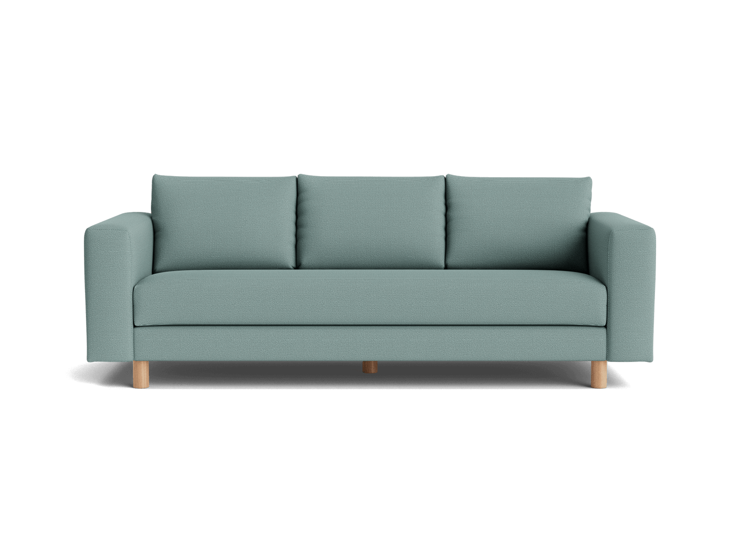 Teal three-seater sofa with straight arms and wooden legs, featuring three plush back cushions.
