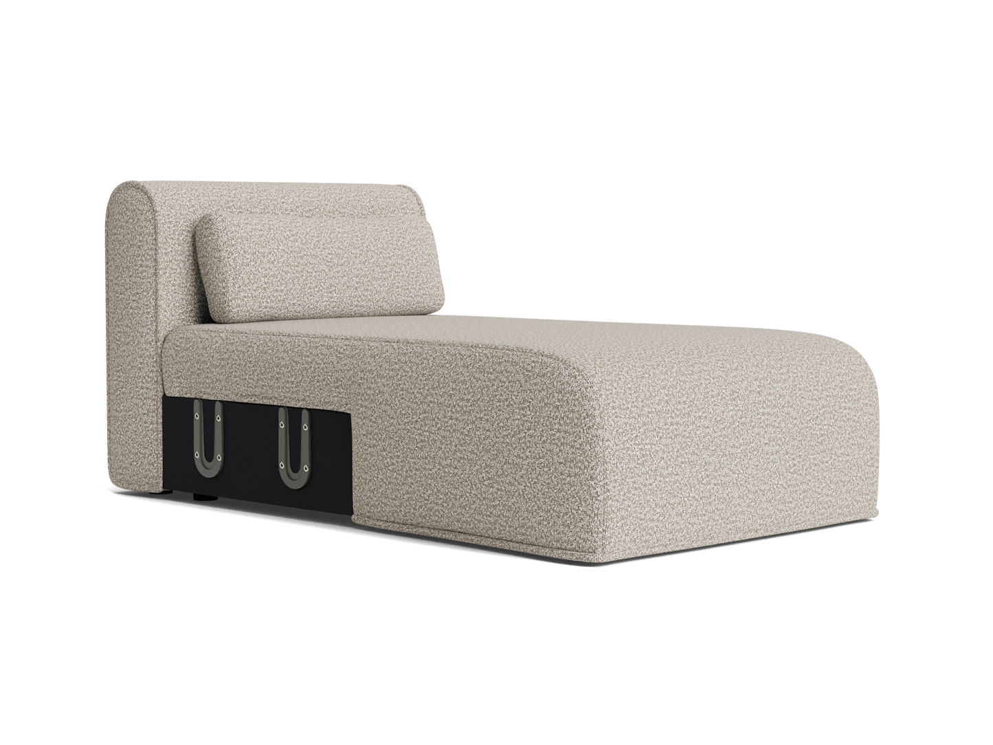 Beige upholstered chaise lounge with a cushioned backrest on a black base, featuring exposed metal hinges on the side.
