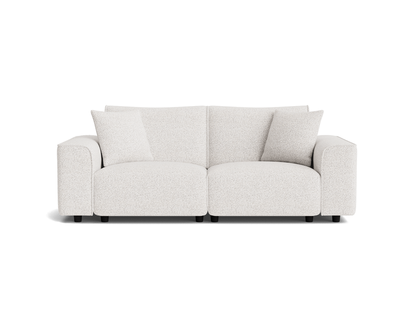 Light grey two-seater sofa with plush cushions, rectangular arms, and short, hidden legs on a white background.