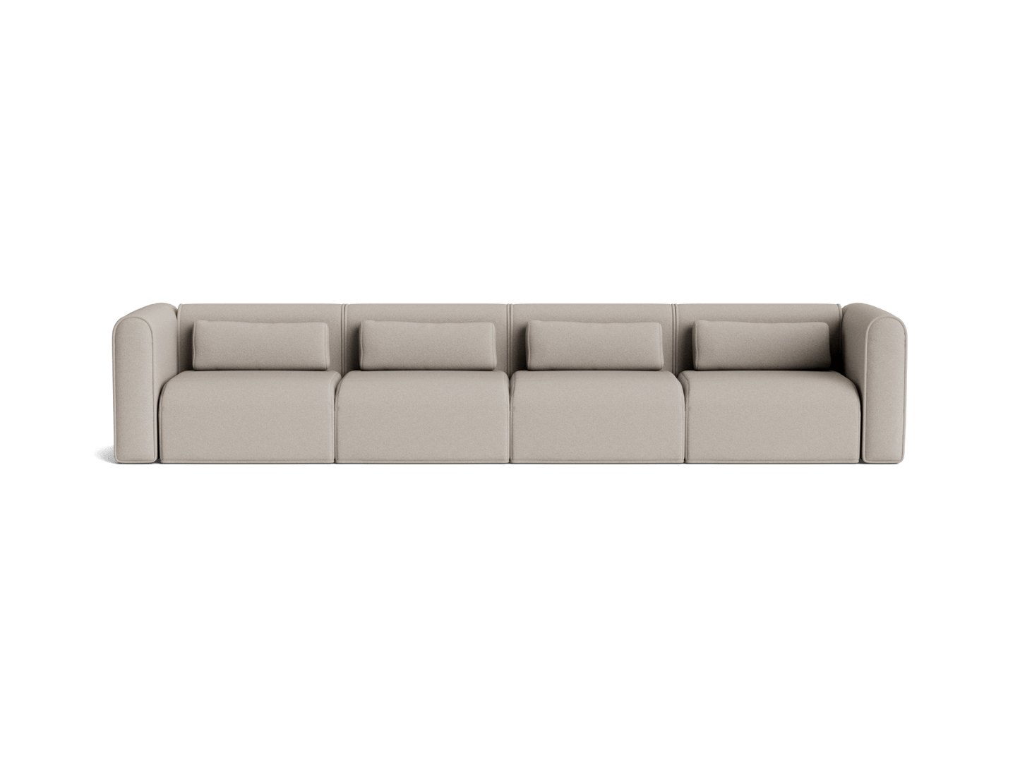 Light grey modular sofa with four seats and back cushions. Rounded arms offer a modern and minimalist design, ideal for contemporary living spaces.