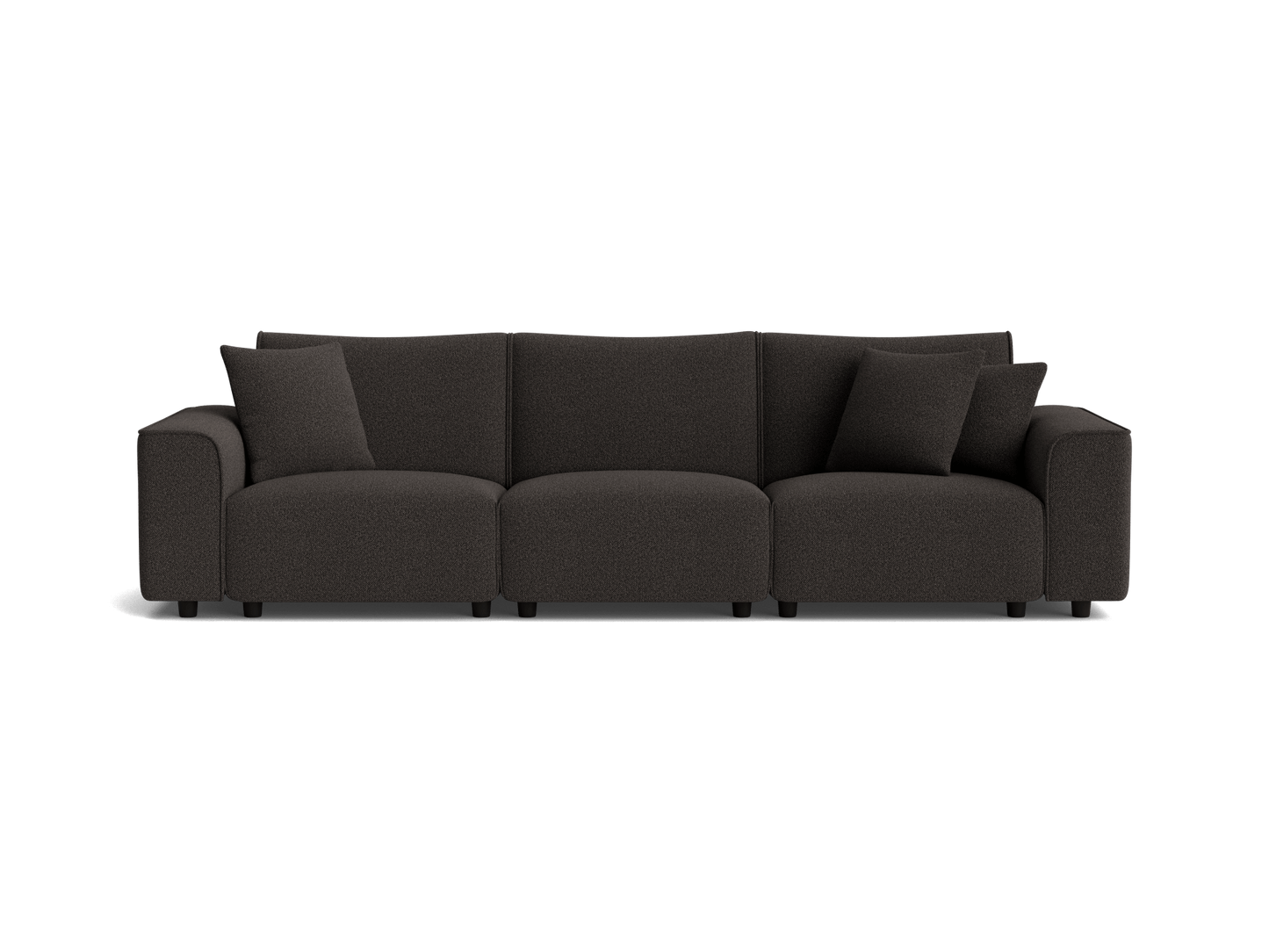 Dark grey, three-seater sofa with wide armrests and matching cushions. Simple, modern design suitable for a contemporary living room.