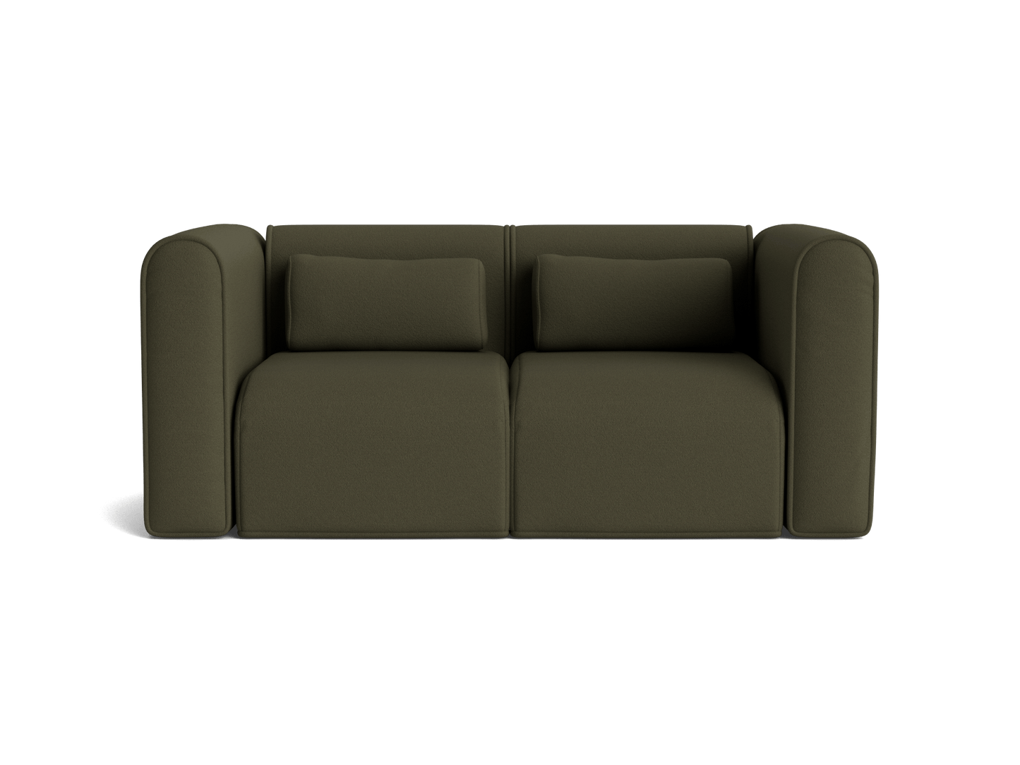 Dark green modern sofa with plush armrests, two seat cushions, and two matching back pillows. Simple, minimalist design.