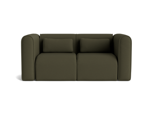 Dark green modern sofa with plush armrests, two seat cushions, and two matching back pillows. Simple, minimalist design.