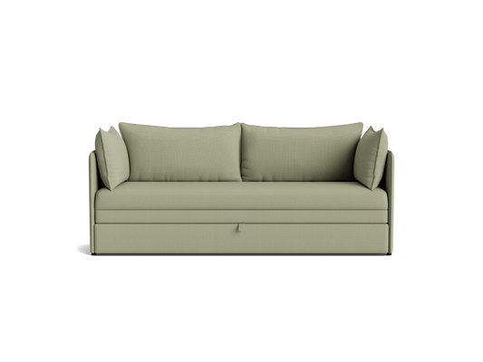 Olive green sofa with plush cushions and a sleek design. Features a pull-out drawer beneath the seating for storage.