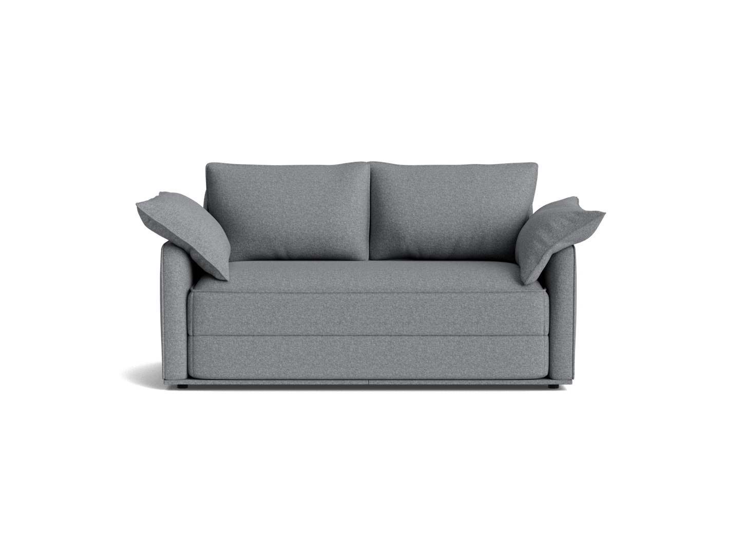 Light grey two-seater sofa with soft cushions and rounded armrests, set against a plain background.
