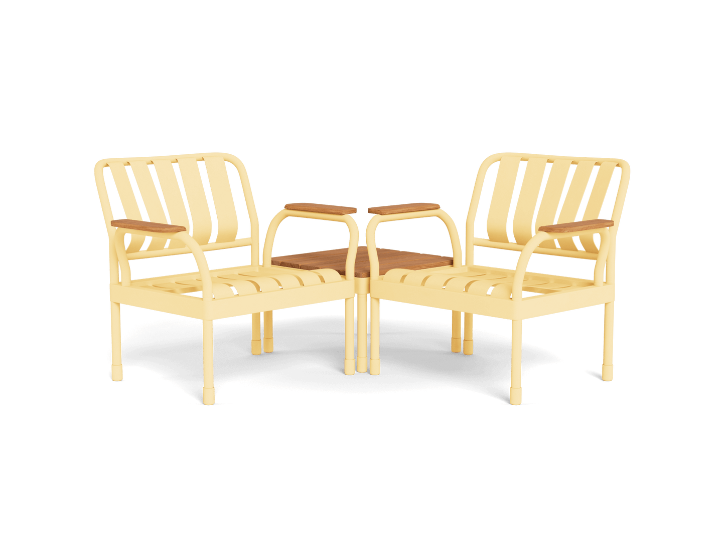 Two yellow outdoor chairs with wooden armrests connected by a small table. Modern patio furniture design.