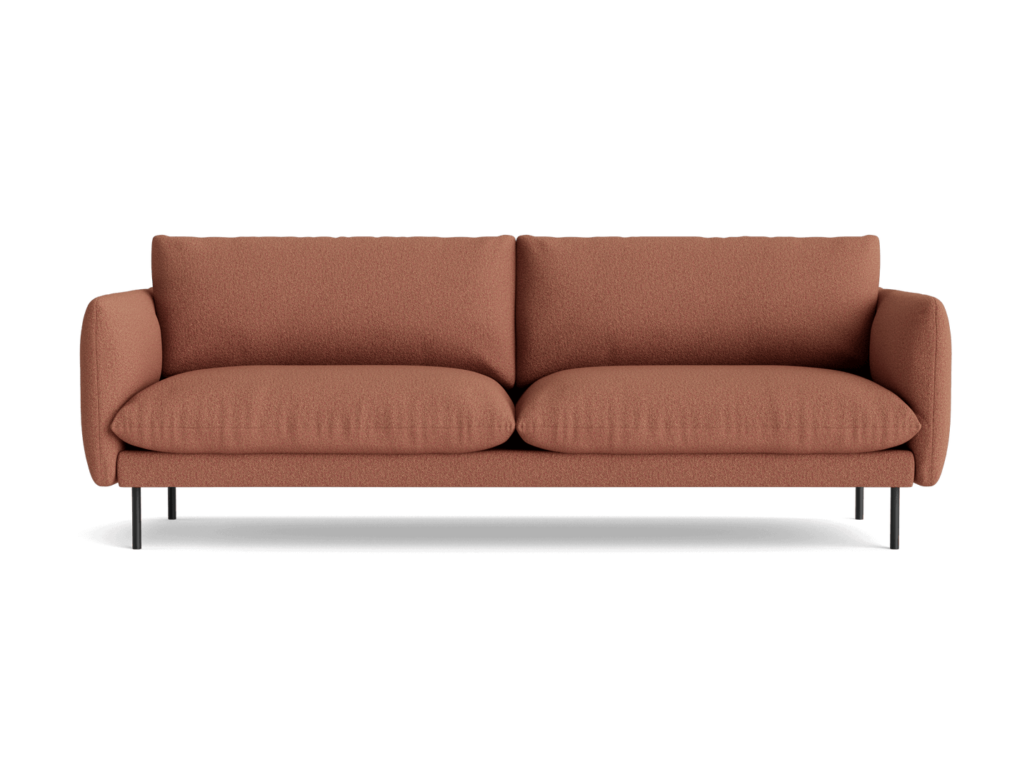 Rust-coloured, three-seater sofa with soft cushions and slim black metal legs. Simple, modern design perfect for living room decor.