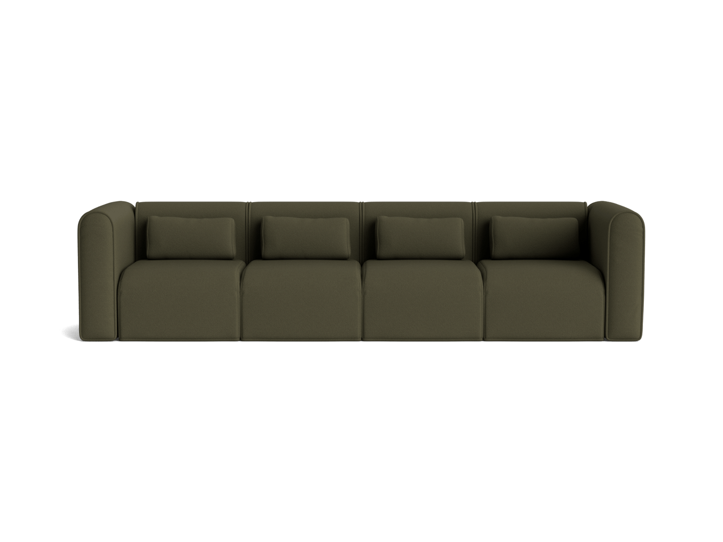 Dark green, four-seater modular lounge with rounded arms and four matching cushions. Modern and minimalist design.