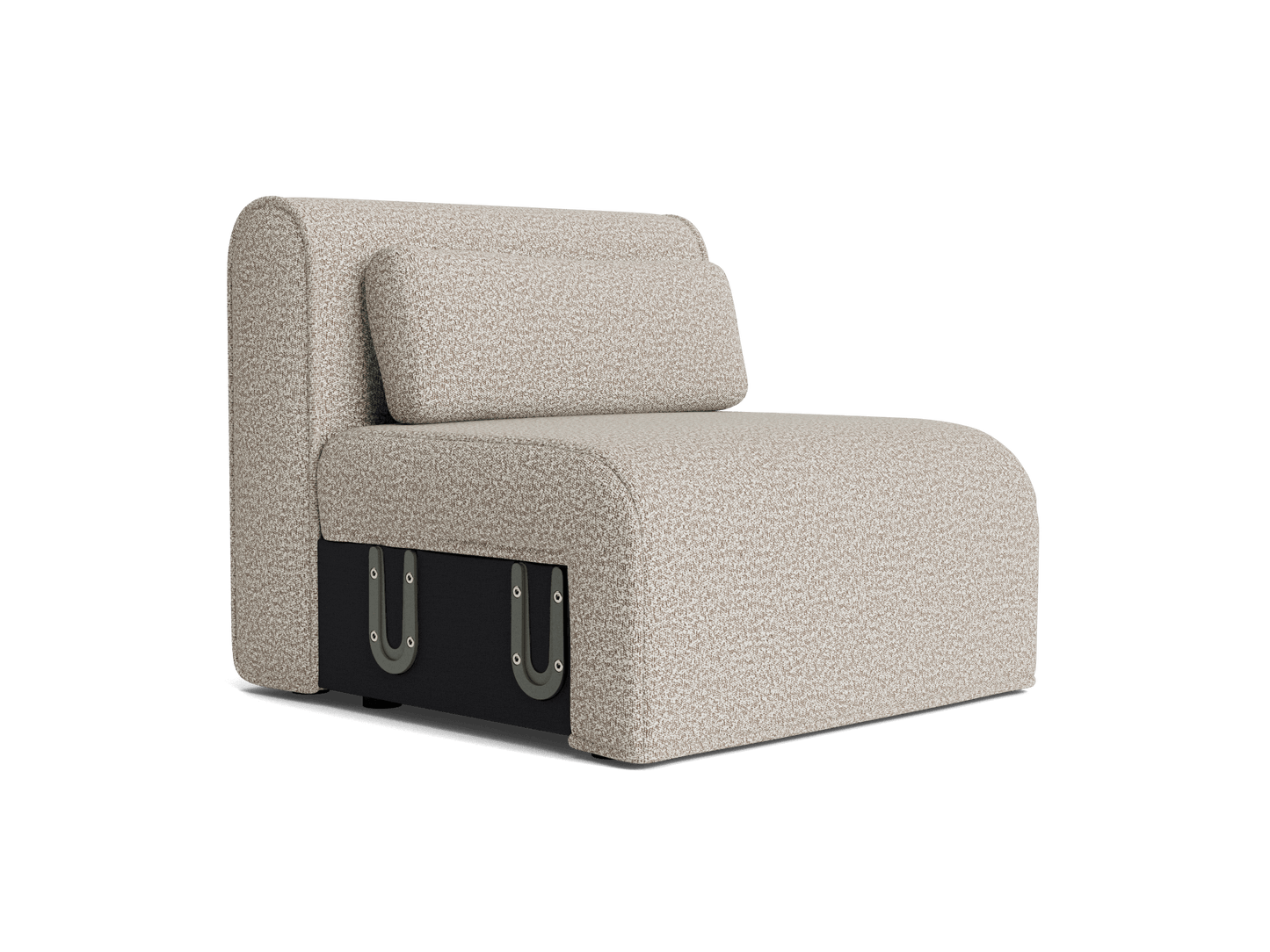 Modern armless chair with textured light grey fabric, cushioned backrest, and black base featuring metal accents. Perfect for living room spaces.