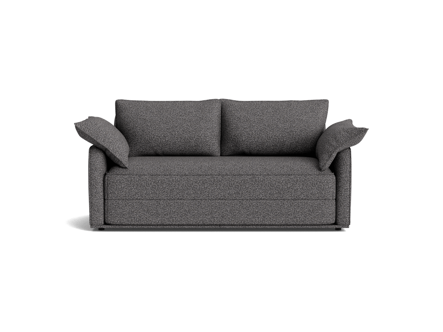 Dark grey fabric sofa with two matching cushions and angled armrests, minimalist design.