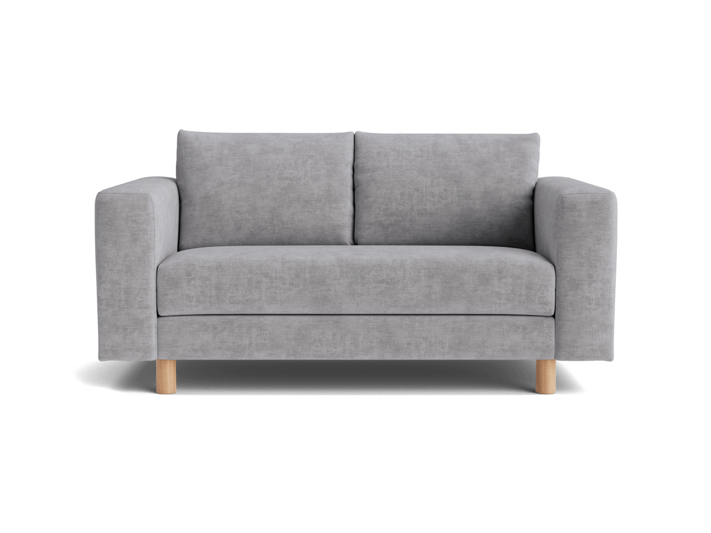 Light grey two-seater sofa with square cushions and wooden legs, contemporary design.