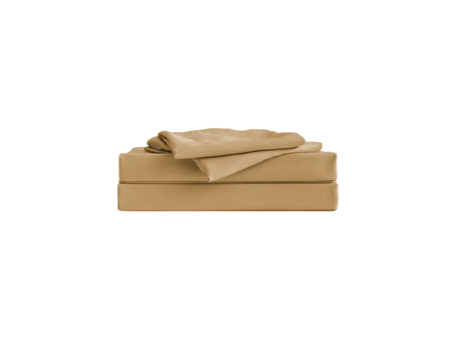 Folded khaki sheet set with pillowcase on top of matching sheet in a neat stack.