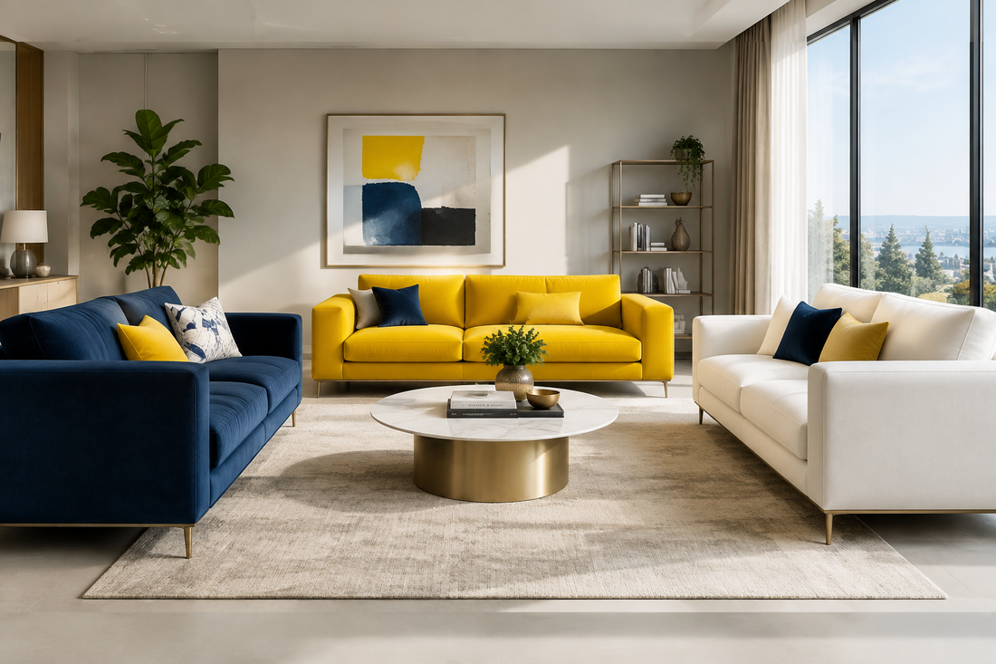 3 sofas in colour blue, yellow and white